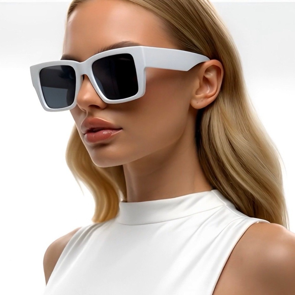 White Chunky Rectangle Sunglasses Women Retro Bold Flat Top Square‎ Shades UV400